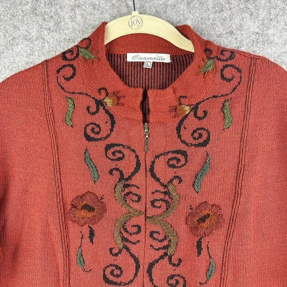 Caamano Sweater Womens L Alpaca Floral Embroidered Full Zip Cardigan Terracotta